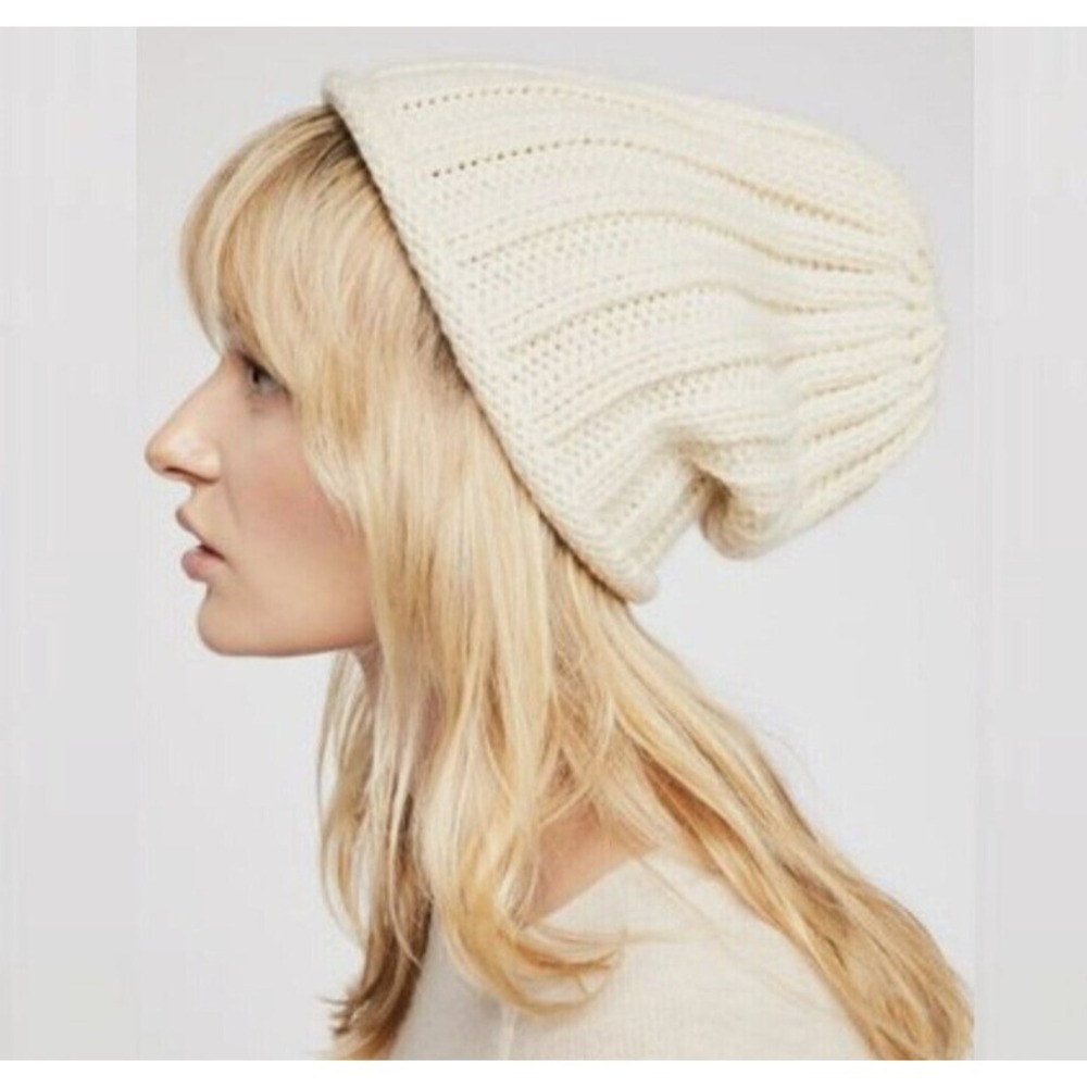 Free People Beanie Womens Rory Rib Knit Slouchy Ivory Hat